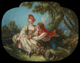 oil painting of a woman in a white dress seated next to a man in blue pants and a red vest in a…