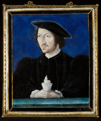 Front image of enamel polychrome plaque depicting a man in Renaissance style dress