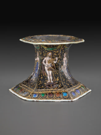 Side view of polychrome enameled saltcellar depicting Olympian Deities