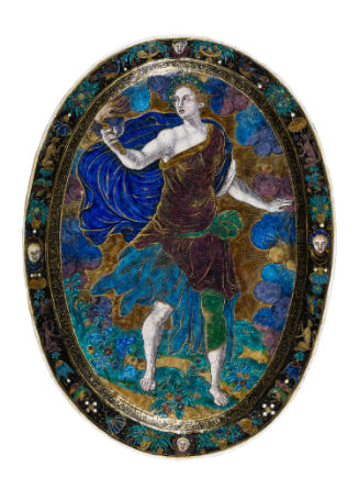 Frontal view of a polychrome enameled oval dish depicting Ceres Holding a Torch