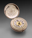 Image of Silver Case Verge Watch displayed open to reveal the dial and underside of the lid, bo…