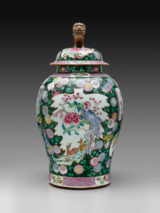 Large porcelain covered jar with famille rose decoration and black ground surmounted by figure …