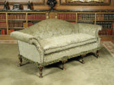 Alternate view of sofa upholstered in light green silk with a damasque motif