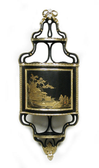 Hanging Corner Cabinet with Panels of Black-and Gold Tôle (One of a Pair)