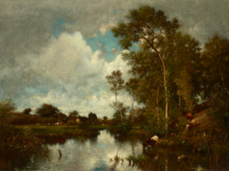 Oil painting of landscape with river and trees