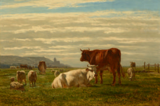 Oil painting of a landscape with brown and white cows