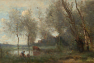 oil painting of a landscape with a pond, trees, a brown cow, and two people