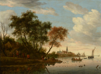 Oil painting of river bank with boats and people