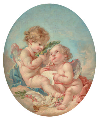oil painting of two nude children with wings gazing at each other; one holds a white piece of p…