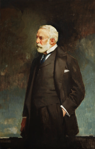 Oil painting of standing man wearing a black suit