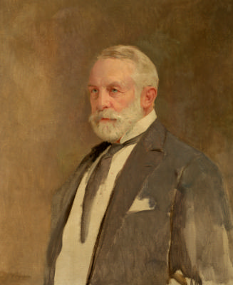 Oil painting of man wearing black and white suit