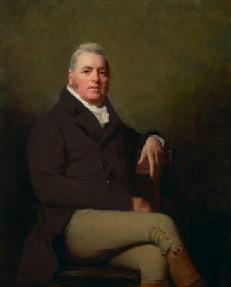 Oil painting of man wearing black coat sitting