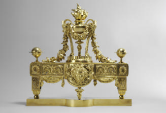 Gilt Bronze Andiron with Flaming Tripod Cassolettes (One of a Pair)