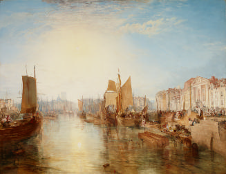 Oil painting of harbor scene with boats and people