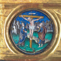 Round enamel medallion with Chris on cross and two figures