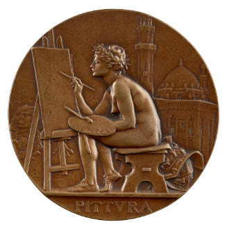 Bronze medal depicting an allegory of painting represented as a nude woman, laureate and seated…