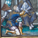 Man in blue on bended knee