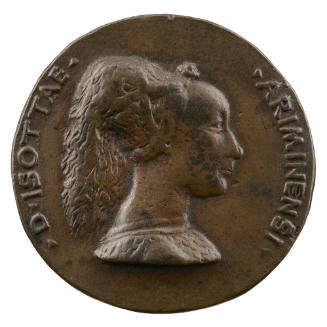 Bronze portrait medal of Isotta degli Atti wearing an elaborate headdress in profile to the rig…