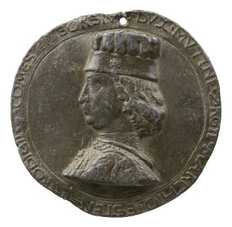 Lead portrait medal of Borso d'Este wearing a round hat in profile to the left