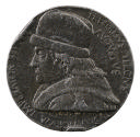 Lead portrait medal of Frederick III wearing a round hat with a heavy coat, in profile to the l…