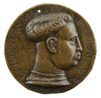 Bronze portrait medal of Niccolo III d'Este in profile to the right, with a prominent double-ch…