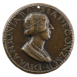 Bronze portrait medal of Antonia del Balzo wearing an elaborate hairnet and a necklace, in prof…