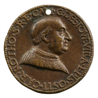 Bronze portrait medal of Guillaume d'Estouteville with a tonsure, in profile to the right