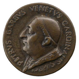 Bronze portrait medal of Pietro Barbo with a tonsure, in profile to the left