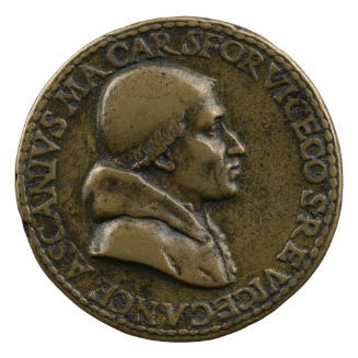 Bronze portrait medal of Ascanio Maria Sforza wearing a round cap and a hooded robe, in profile…