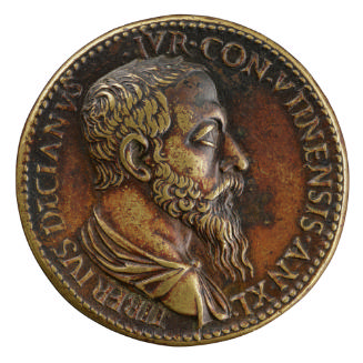 Bronze portrait medal of Tiberio Deciano, bearded in profile to the right