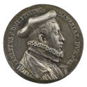 Silver portrait medal of Bishop Ernst von Freising wearing a high-collared robe with a ruff, an…