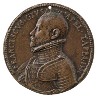 Bronze portrait medal of Francesco Giusani, bearded, wearing armor, a ruff and a sash over his …