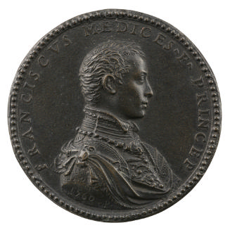 Bronze portrait medal of Francesco de' Medici in armor, with drapery gathered over his right sh…