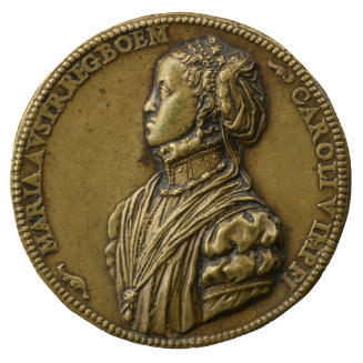 Bronze portrait medal of Maria of Austria wearing a high-collared robe, a large pendant, drop e…