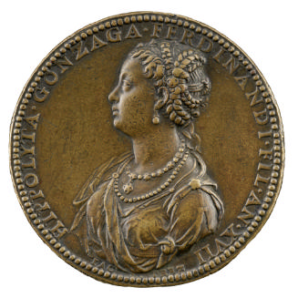 Bronze portrait medal of Ippolyta Gonzaga wearing a loose, draped, classical-style gown, two ne…