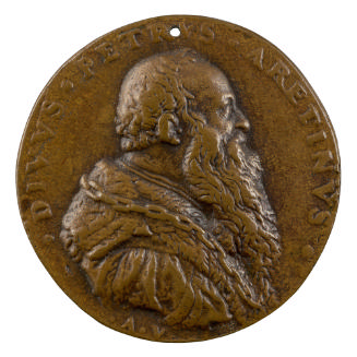 Bronze portrait medal of Pietro Aretino wearing a large fur robe and a chain, with a long, full…