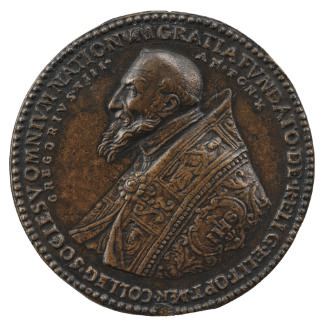 Bronze portrait medal of Ugo Boncompagni, Pope Gregory XIII wearing papal robes and a tonsure, …
