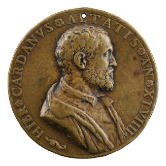 Bronze portrait medal of Gerolamo Cardano, bearded, in profile to the right