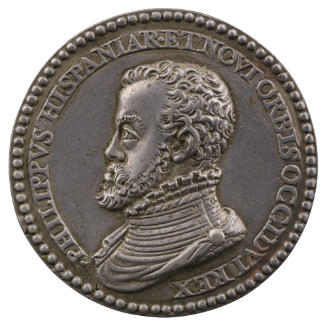 Silver portrait medal of Philip II of Spain wearing armor and a ruff, bearded, in profile to th…