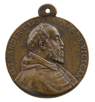 Bronze portrait medal of Alessandro Farnese wearing a hooded robe buttoned up the front, bearde…