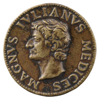 Bronze portrait medal of Giuliano II de' Medici, Duke of Nemours in profile to the left; pearle…