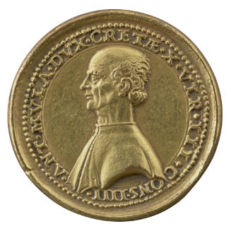 Gilt bronze portrait medal of Antonio Mula in profile to the left; pearled border
