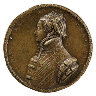 Bronze portrait medal of a lady wearing a high-collared brocade dress with puffed sleeves and f…