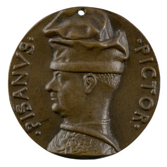 Bronze portrait medal of Antonio Pisanello wearing a large soft hat, in profile to the left