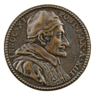 Bronze portrait medal of Benedetto Odescalchi, Pope Innocent XI wearing a camauro, a hooded rob…