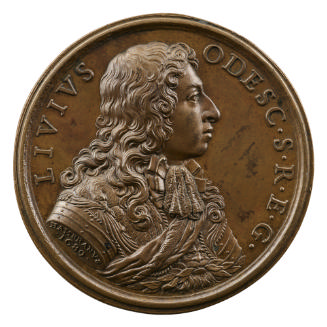 Bronze portrait medal of Livio Odescalchi wearing armor with a sash over the left shoulder and …