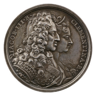 Silver portrait medal of King James III and Clementina. James appear in front, wearing armor an…