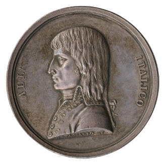 Silver portrait medal of Napoleon Bonaparte in profile to the left