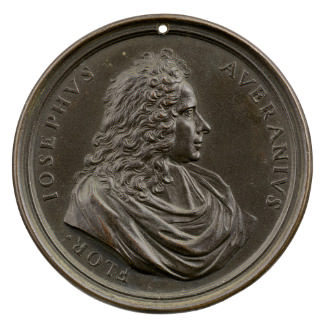 Bronze portrait medal of Giuseppe Averani with long, curly hair and drapery around his shoulder…