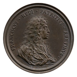 Bronze portrait medal of Francesco Redi with long, curly hair and drapery around his shoulders,…